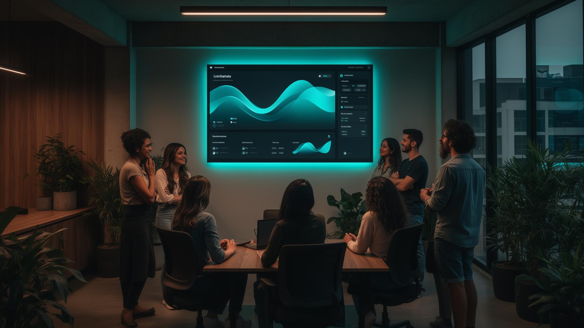 Equipe YBYFLOW em Londrina apresentando projeto em projeção no estúdio