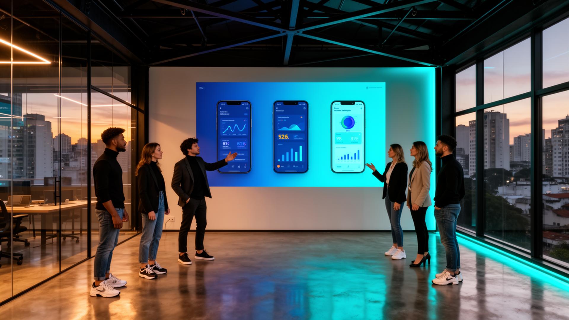 Equipe YBYFLOW em São Paulo apresentando produto em projeção urbana